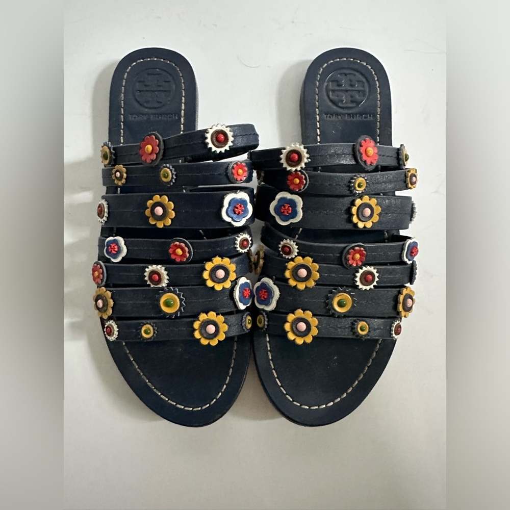 Tory Burch Black Floral Embellished Mules